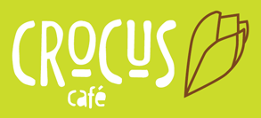 crocus cafe logo white text on green background leaf motif