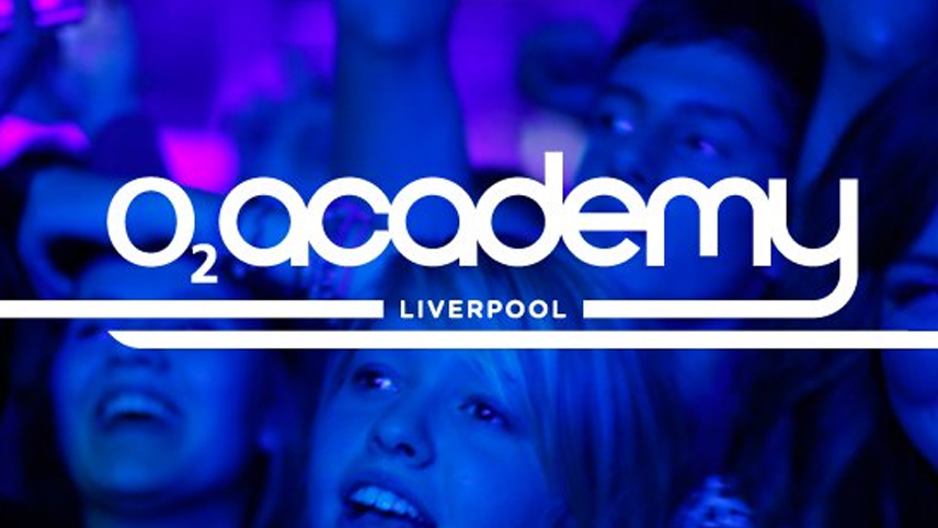 02 academy liverpool logo white text over blue crowd photo