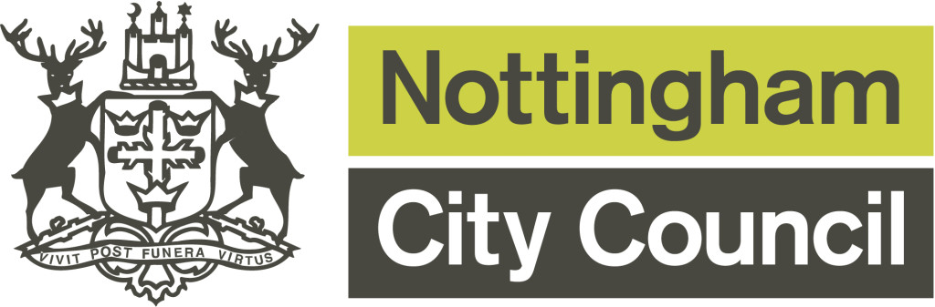 Nottingham City Council Logo with green and white box with white and black font and deer motif