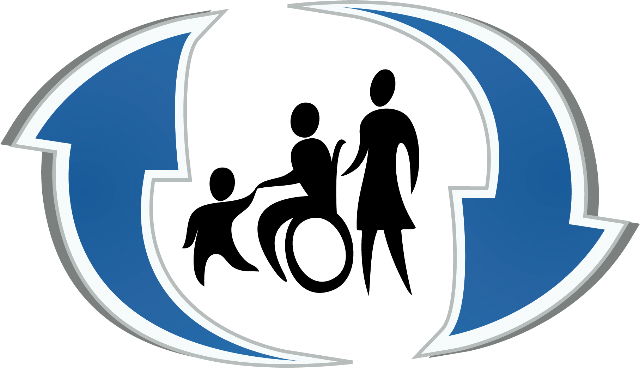 DPACT logo blue arrows with wheelchair user and child