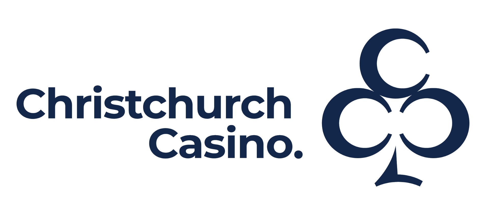 blue text christchurch casino outline of clubs symbol all on white background