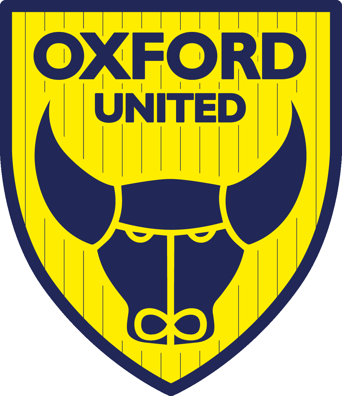 Yellow logo with motif of a bull head in a dark blue colour. With Oxford United in dark blue font above.